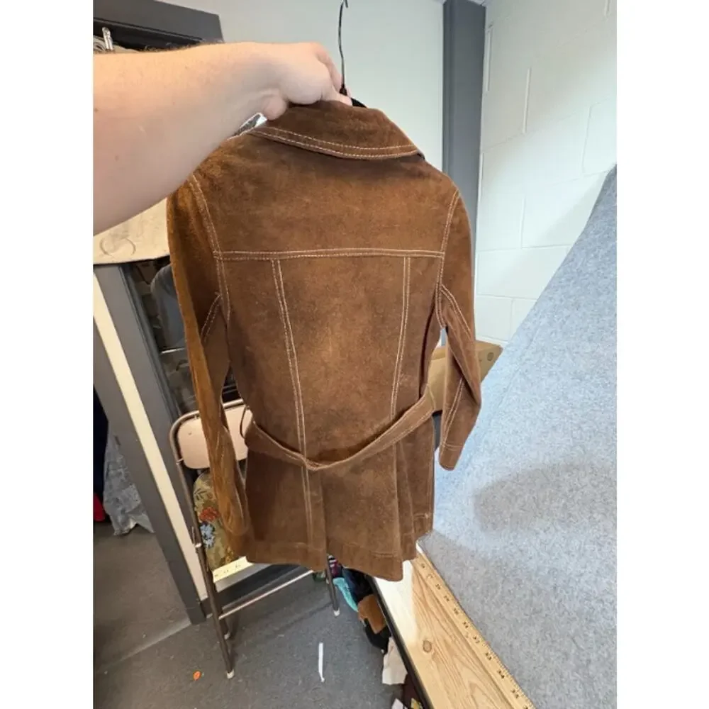 VTG Suede Leather Coat Belted Western Jacket Women Small Brown Cowgirl Boho 70s - Picture 2 of 8
